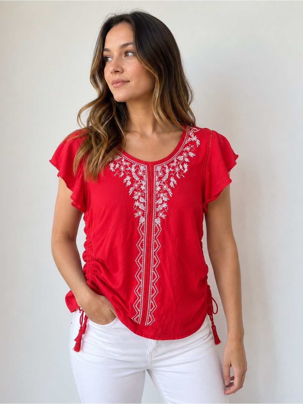 Embroidered Red V-Neck Flutter Sleeve Blouse